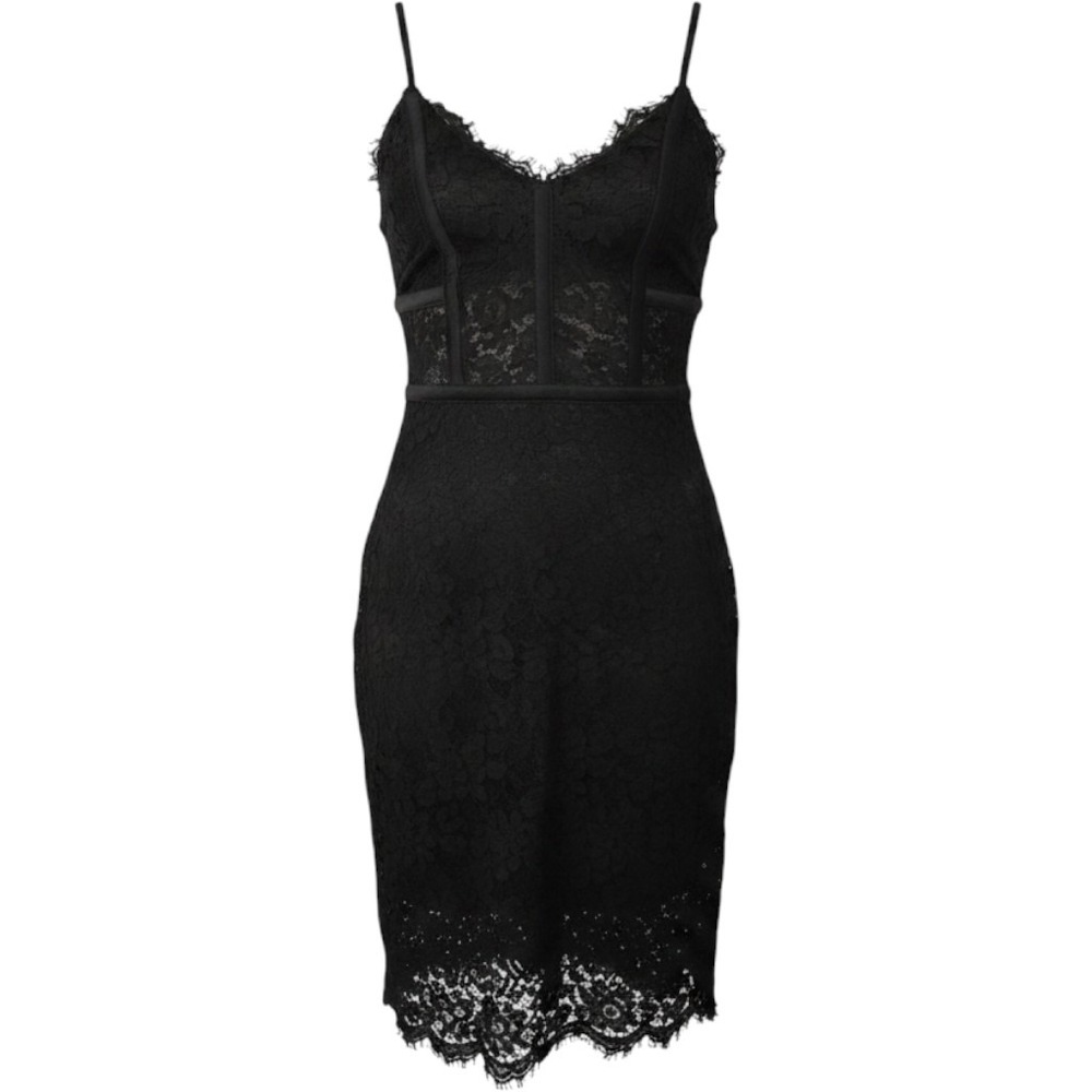 Express‎ Womens Black Floral Lace Corset Midi Dress Eyelash Trim Size 4 LBD